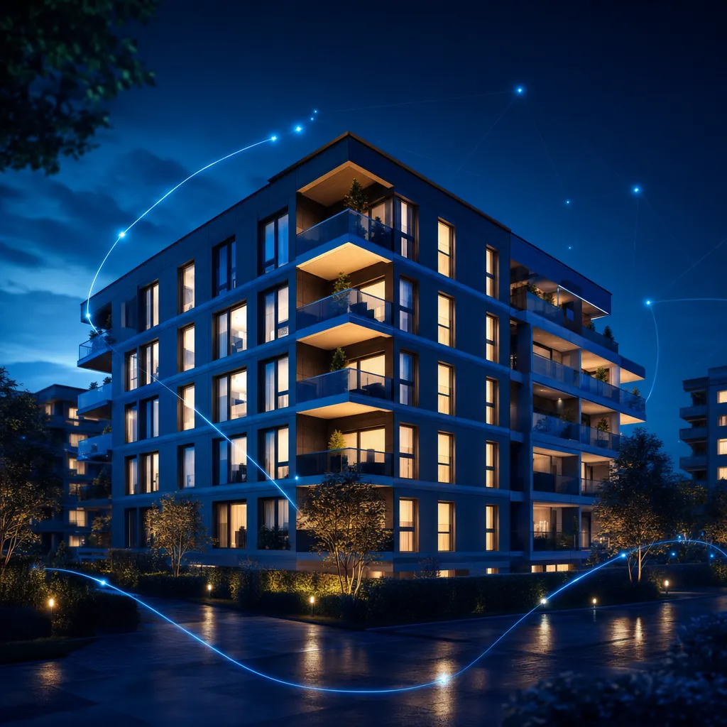 Modernes Mehrfamilienhaus bei Abenddämmerung